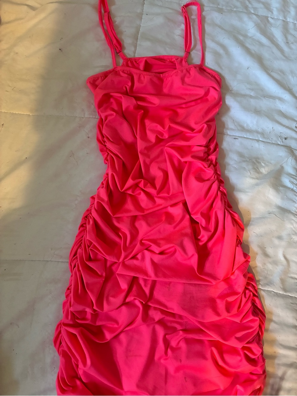 Ruched Spaghetti-Strap Bodycon Dress in Hot Pink
